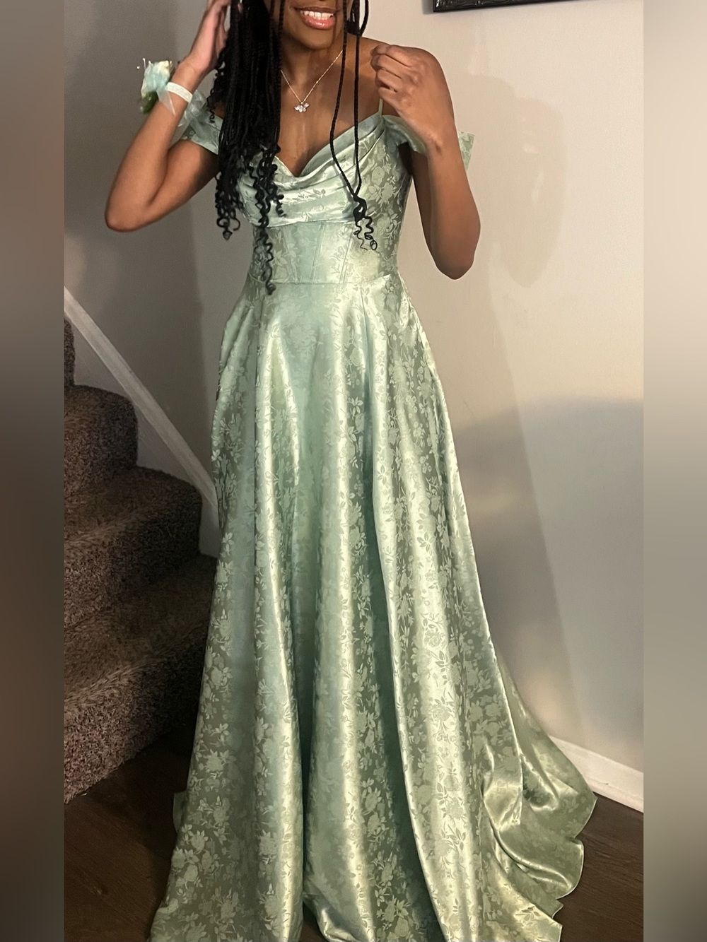 Girls' Sage Green Off-Shoulder Formal Dress